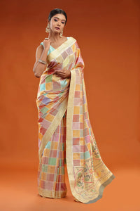 Multicolour Check Patola Silk Saree with Soft Gold Border