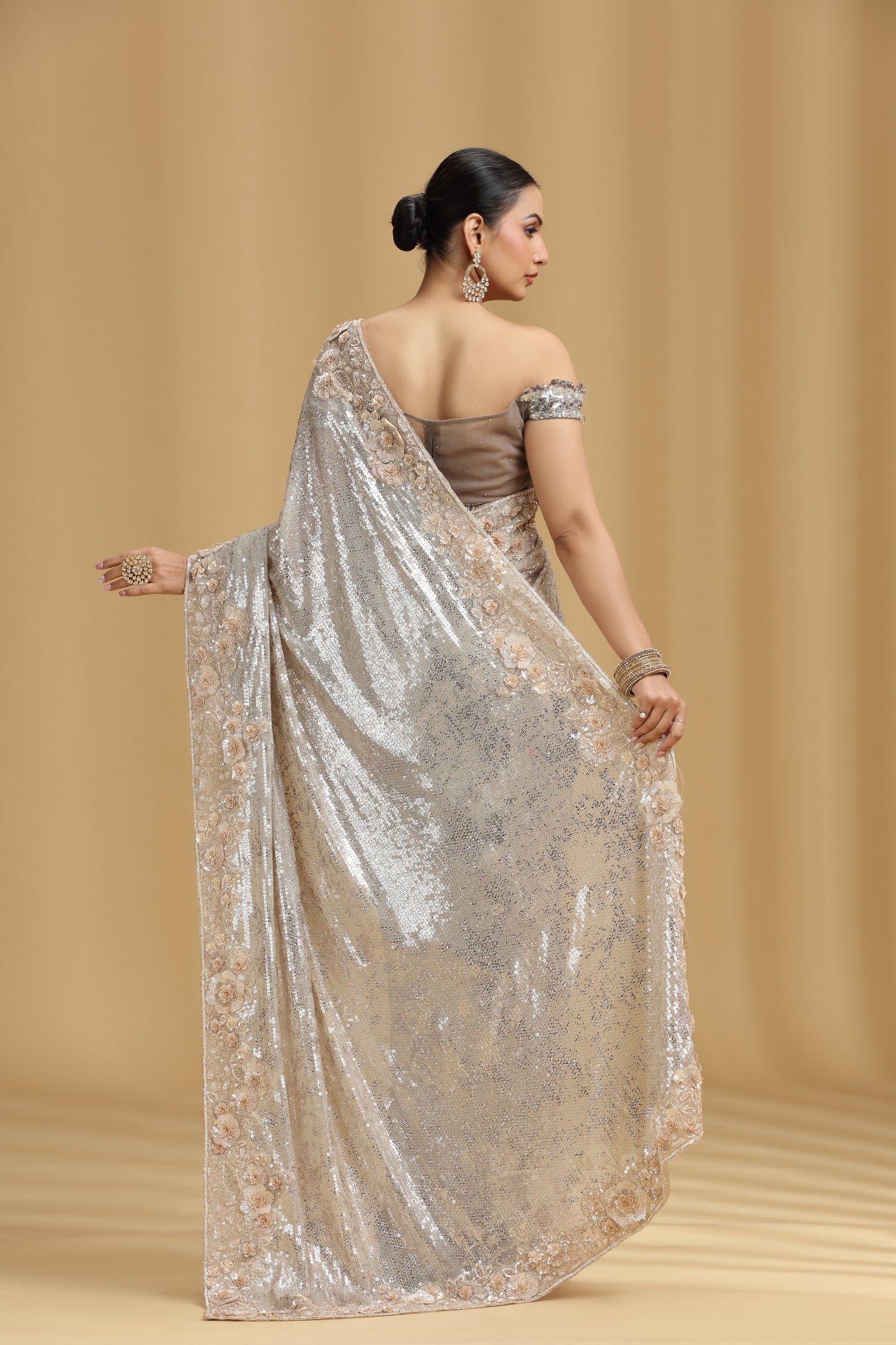 Ivory Organza Saree with Sequins, Cutdana & Pearl Work (Unstitched)