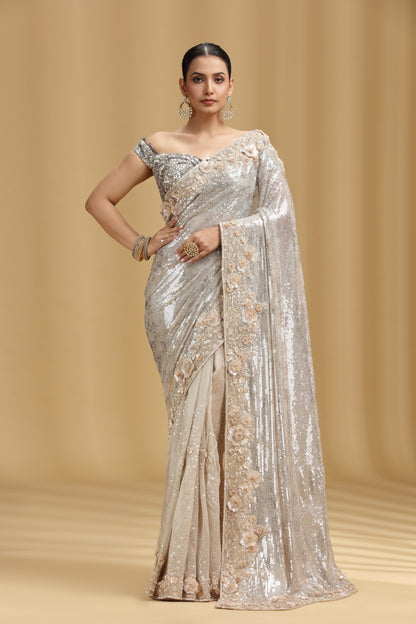 Ivory Organza Saree with Sequins, Cutdana & Pearl Work (Unstitched)