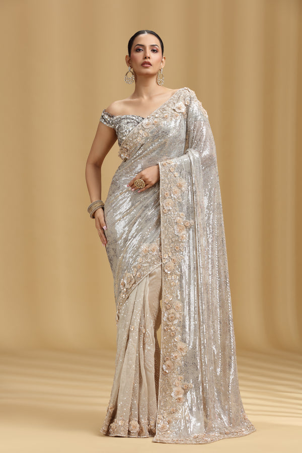 Ivory Organza Saree with Sequins, Cutdana & Pearl Work (Unstitched)