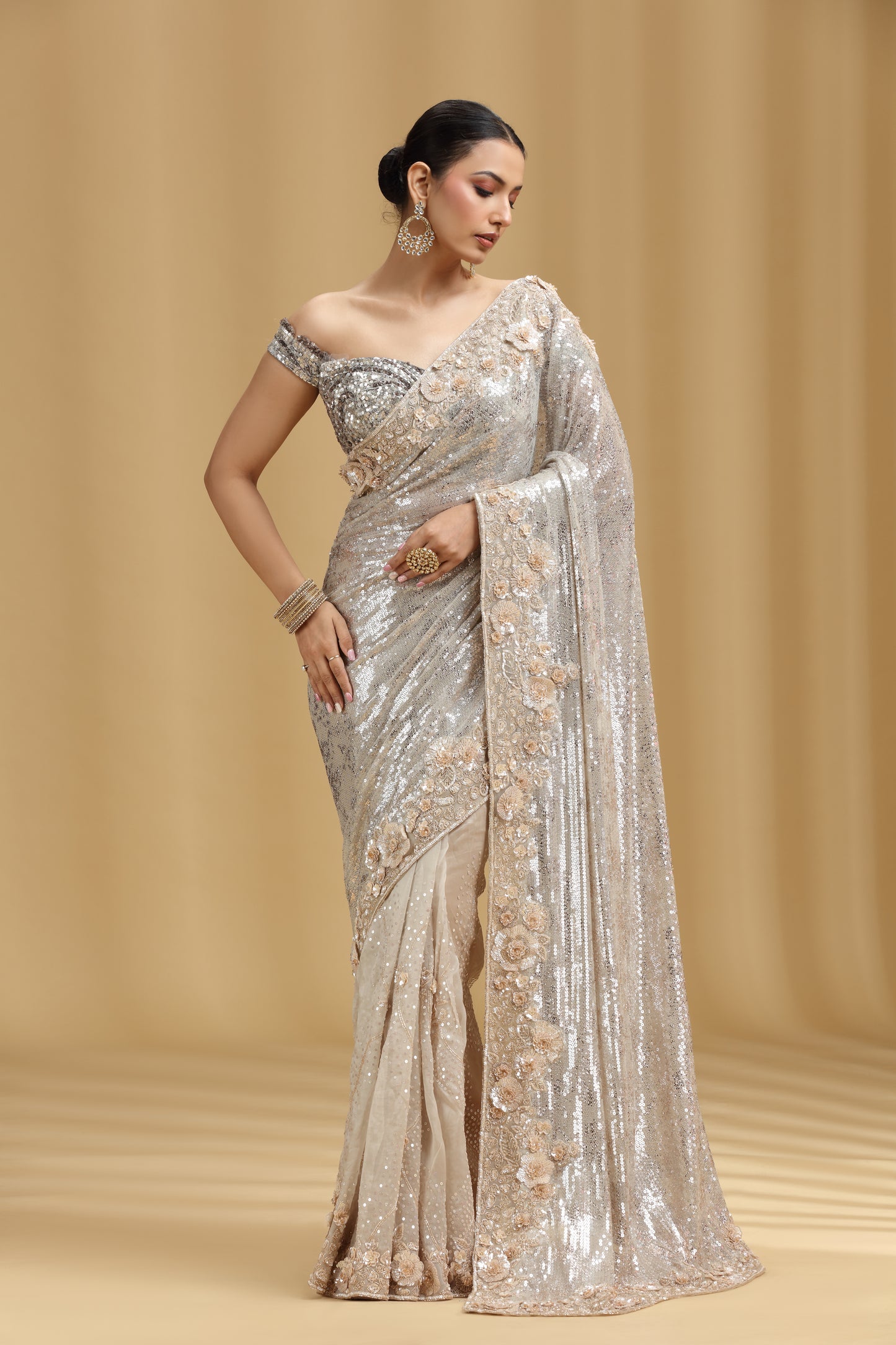 Ivory Organza Saree with Sequins, Cutdana & Pearl Work (Unstitched)