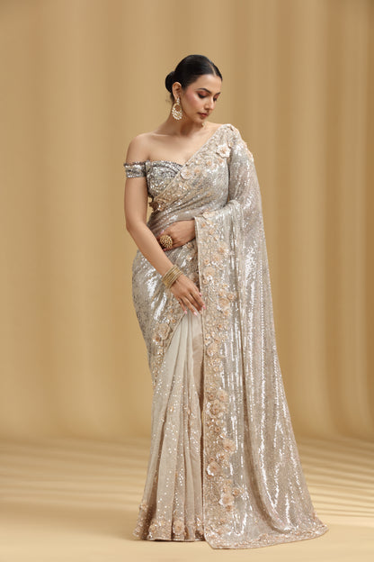Ivory Organza Saree with Sequins, Cutdana & Pearl Work (Unstitched)