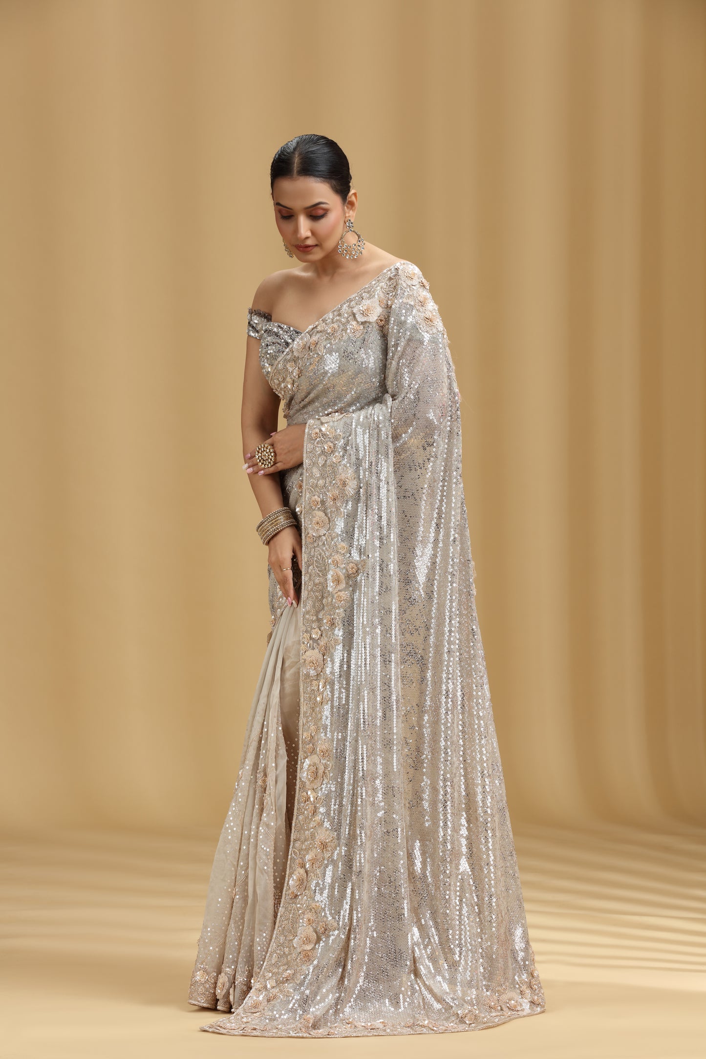 Ivory Organza Saree with Sequins, Cutdana & Pearl Work (Unstitched)