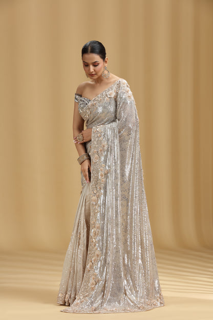 Ivory Organza Saree with Sequins, Cutdana & Pearl Work (Unstitched)