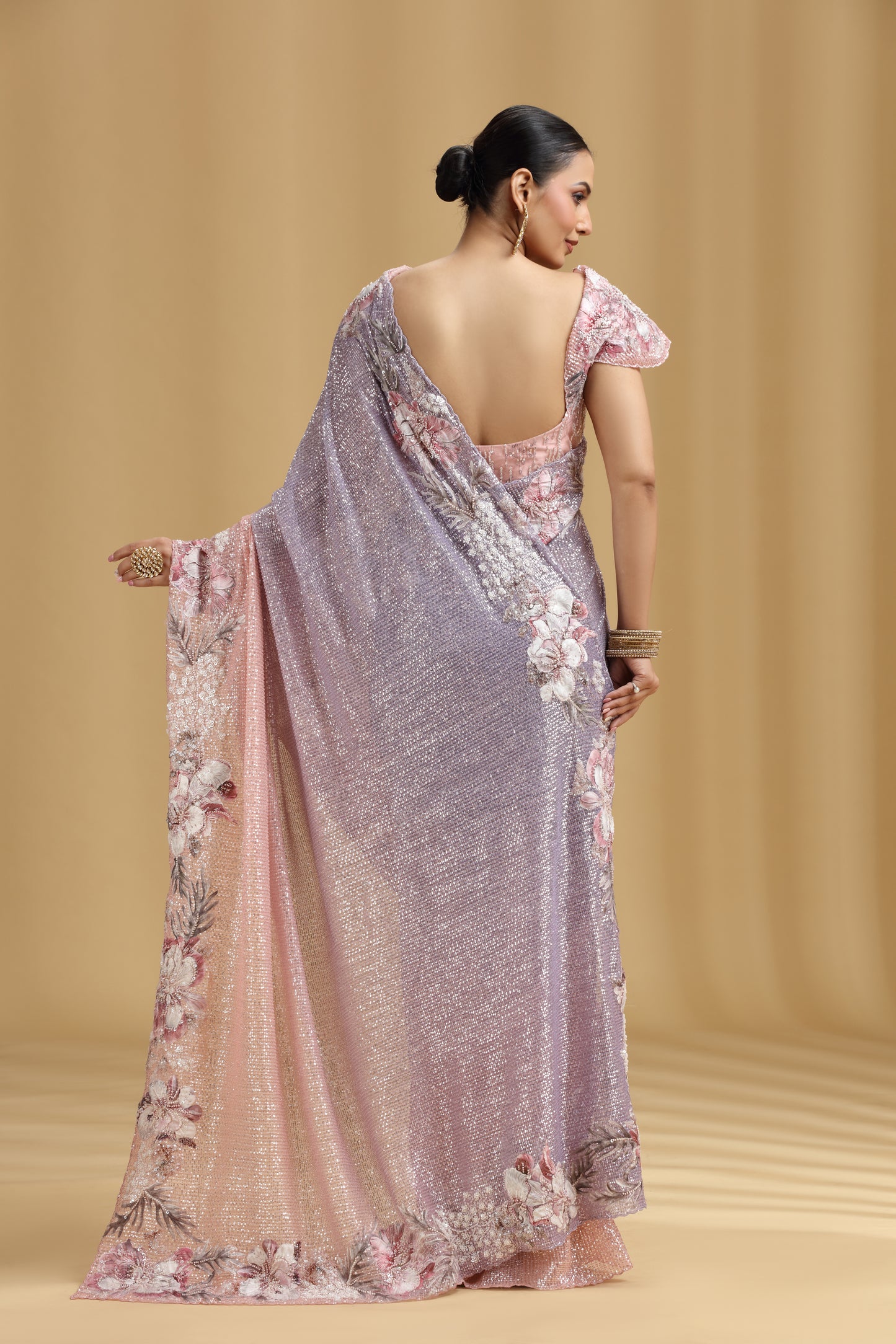 Peach Lavender Ombre Net Saree with Appliqué, Moti, Sequins & Pearl Work (Stitched Blouse))