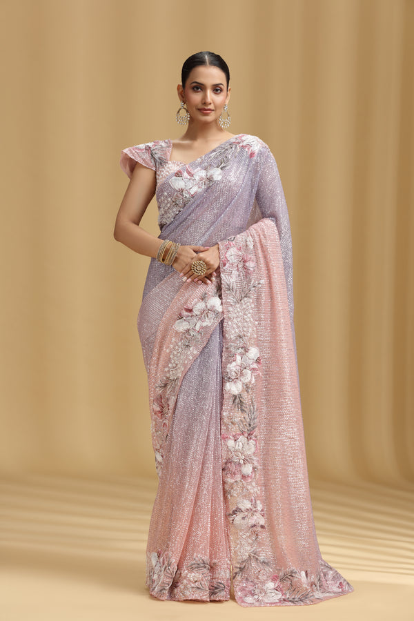 Peach Lavender Ombre Net Saree with Appliqué, Moti, Sequins & Pearl Work (Stitched Blouse))
