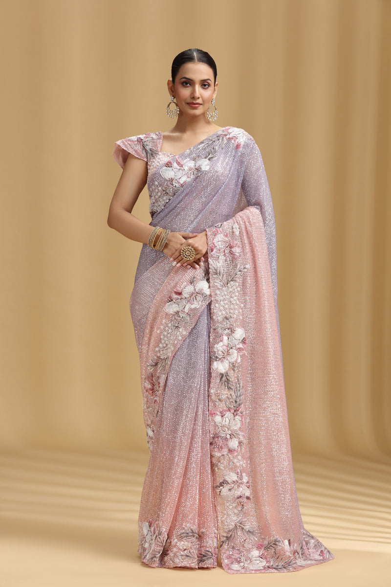 Peach Lavender Ombre Net Saree with Appliqué, Moti, Sequins & Pearl Work (Stitched Blouse))