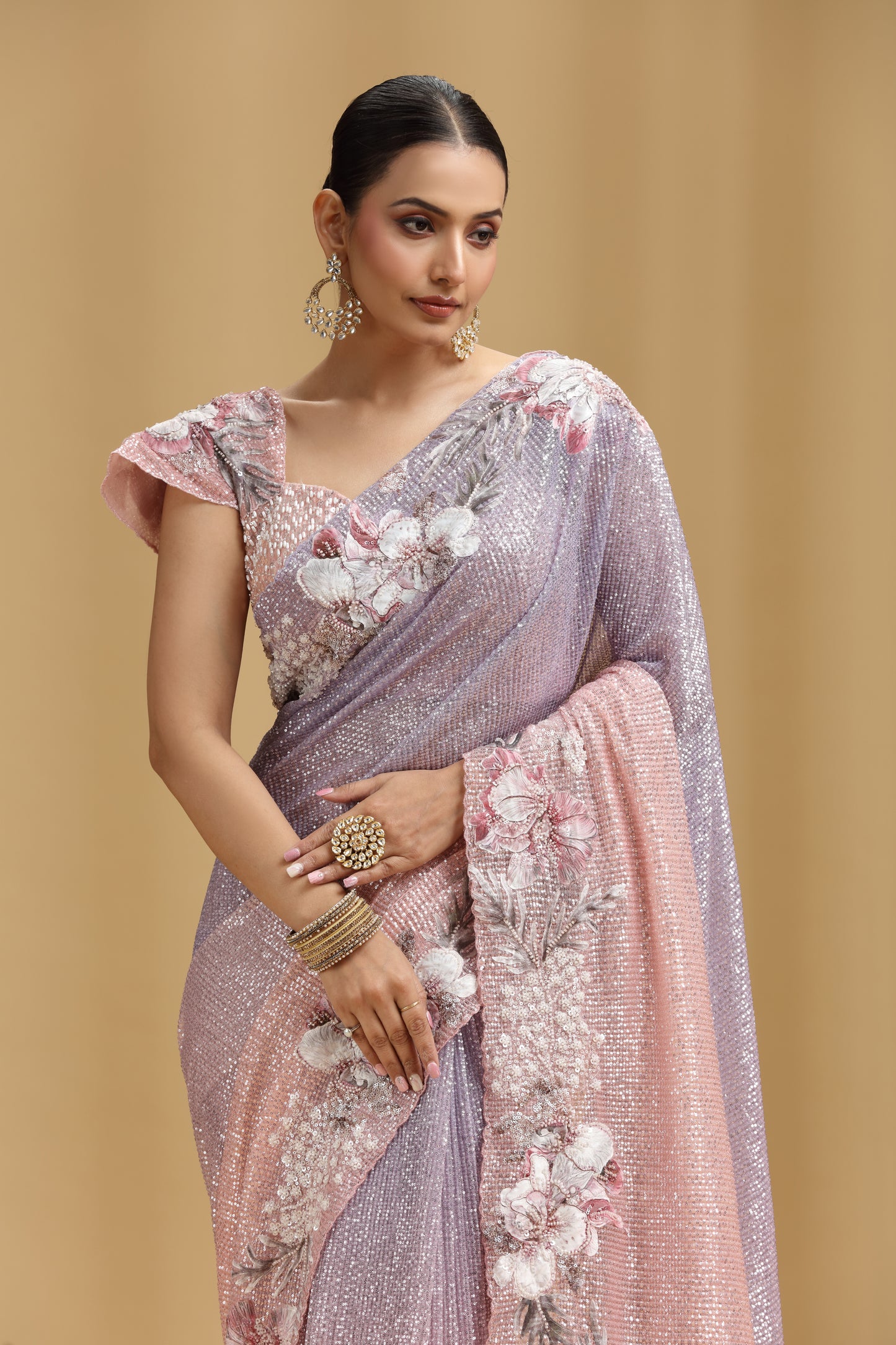 Peach Lavender Ombre Net Saree with Appliqué, Moti, Sequins & Pearl Work (Stitched Blouse))