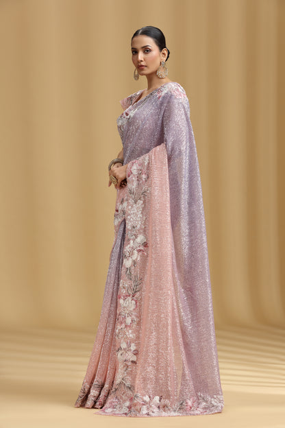 Peach Lavender Ombre Net Saree with Appliqué, Moti, Sequins & Pearl Work (Stitched Blouse))