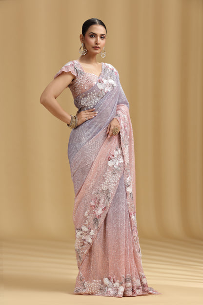 Peach Lavender Ombre Net Saree with Appliqué, Moti, Sequins & Pearl Work (Stitched Blouse))