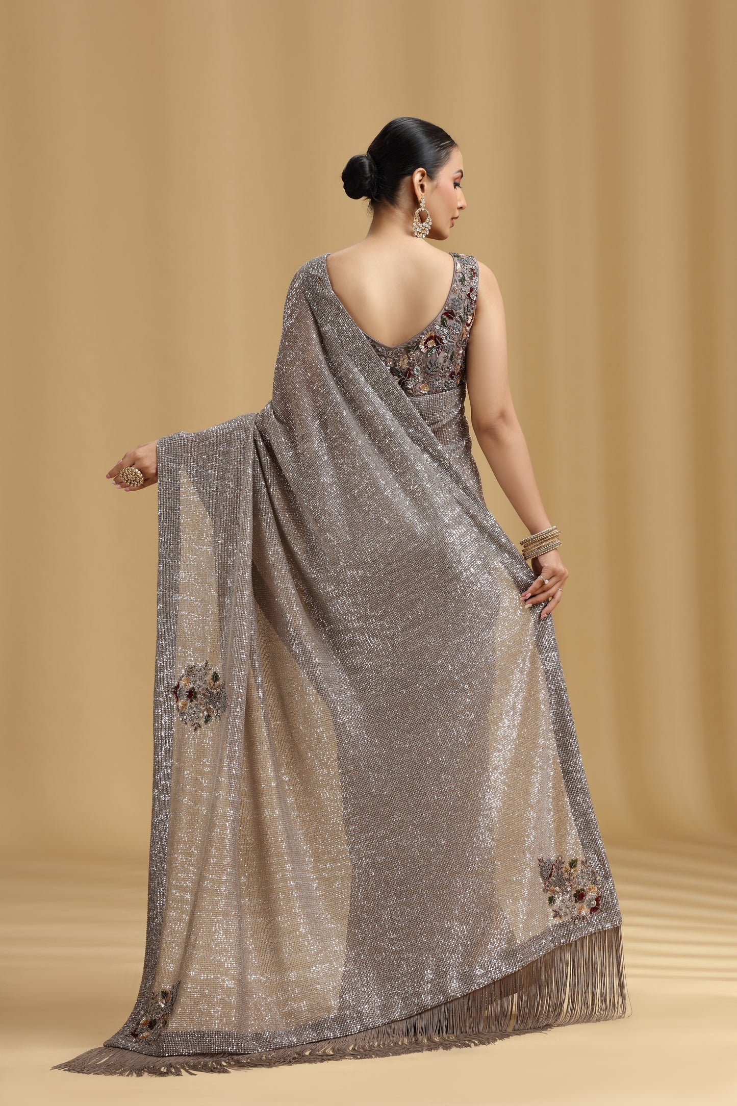 Mouse Grey Net Saree with Sequins, Beads, Cutdana, Pearls & Resham Work (Stitched Blouse)