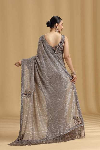 Mouse Grey Net Saree with Sequins, Beads, Cutdana, Pearls & Resham Work (Stitched Blouse)