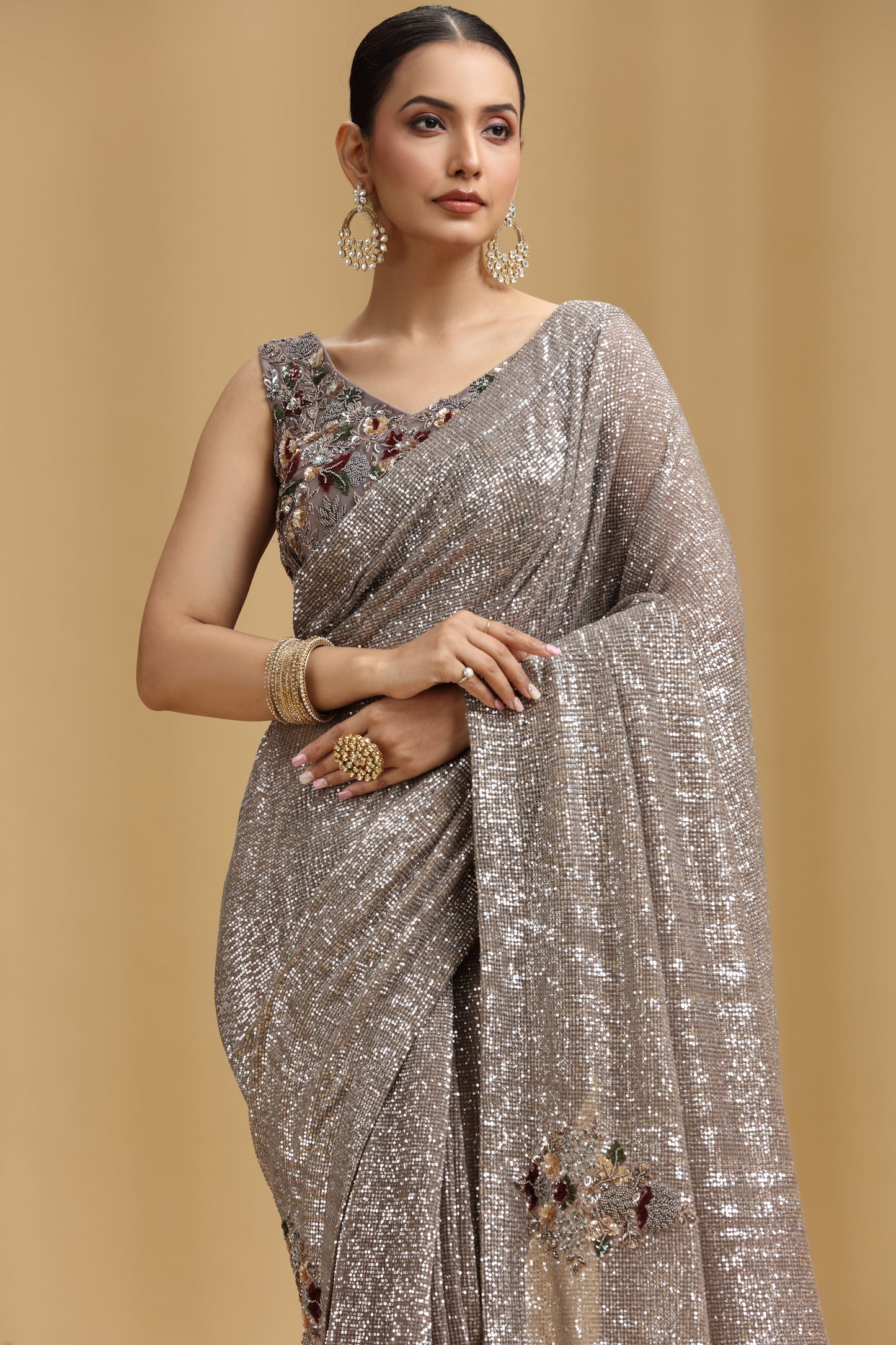 Mouse Grey Net Saree with Sequins, Beads, Cutdana, Pearls & Resham Work (Stitched Blouse)