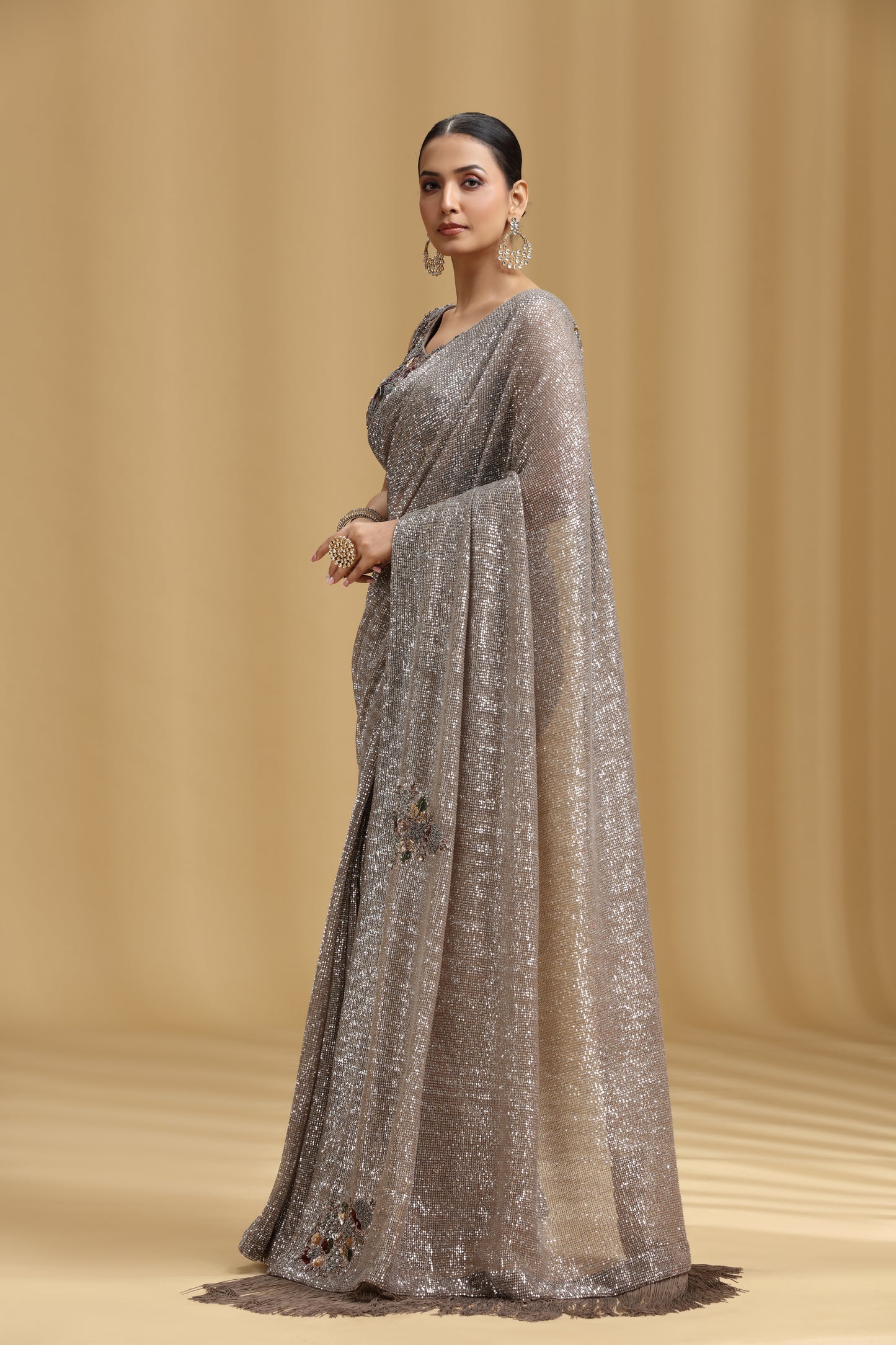 Mouse Grey Net Saree with Sequins, Beads, Cutdana, Pearls & Resham Work (Stitched Blouse)