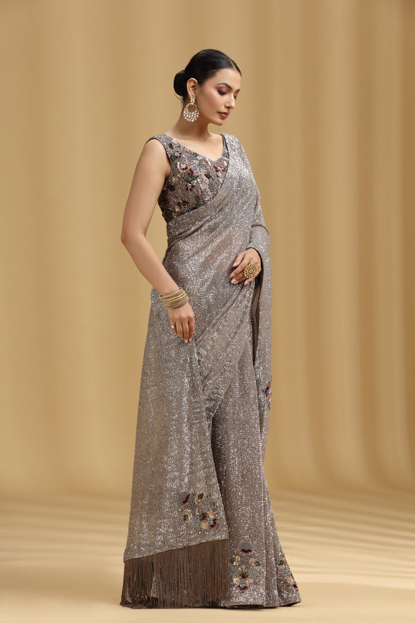 Mouse Grey Net Saree with Sequins, Beads, Cutdana, Pearls & Resham Work (Stitched Blouse)