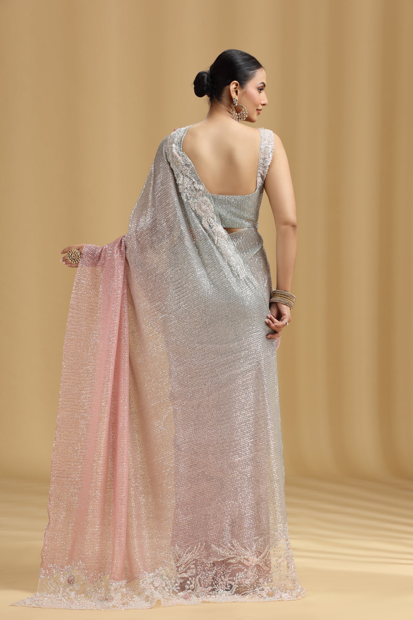 Peach & Grey Net Saree with Sequins, Beads, Cutdana, Resham & Stone Work (Unstitched)