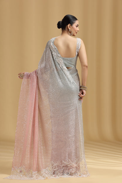 Peach & Grey Net Saree with Sequins, Beads, Cutdana, Resham & Stone Work (Unstitched)