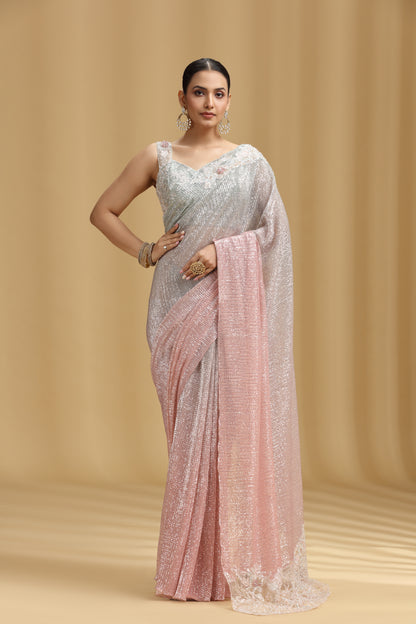 Peach & Grey Net Saree with Sequins, Beads, Cutdana, Resham & Stone Work (Unstitched)