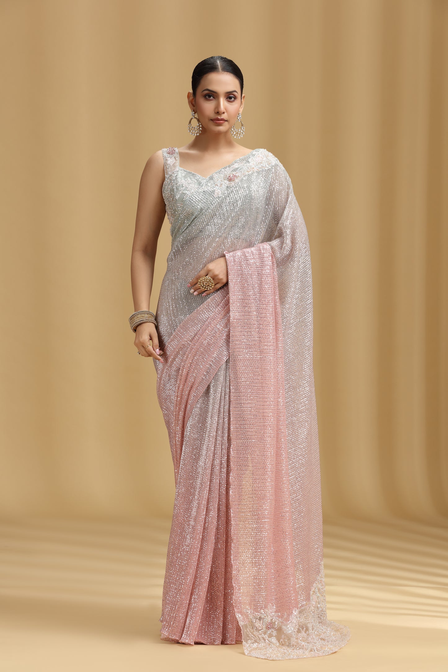 Peach & Grey Net Saree with Sequins, Beads, Cutdana, Resham & Stone Work (Unstitched)