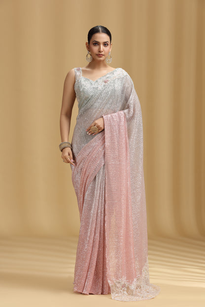 Peach & Grey Net Saree with Sequins, Beads, Cutdana, Resham & Stone Work (Unstitched)