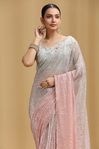 Peach & Grey Net Saree with Sequins, Beads, Cutdana, Resham & Stone Work (Unstitched)