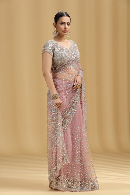 Mauve Net Saree with Sequins & Cutdana Work (Unstitched)