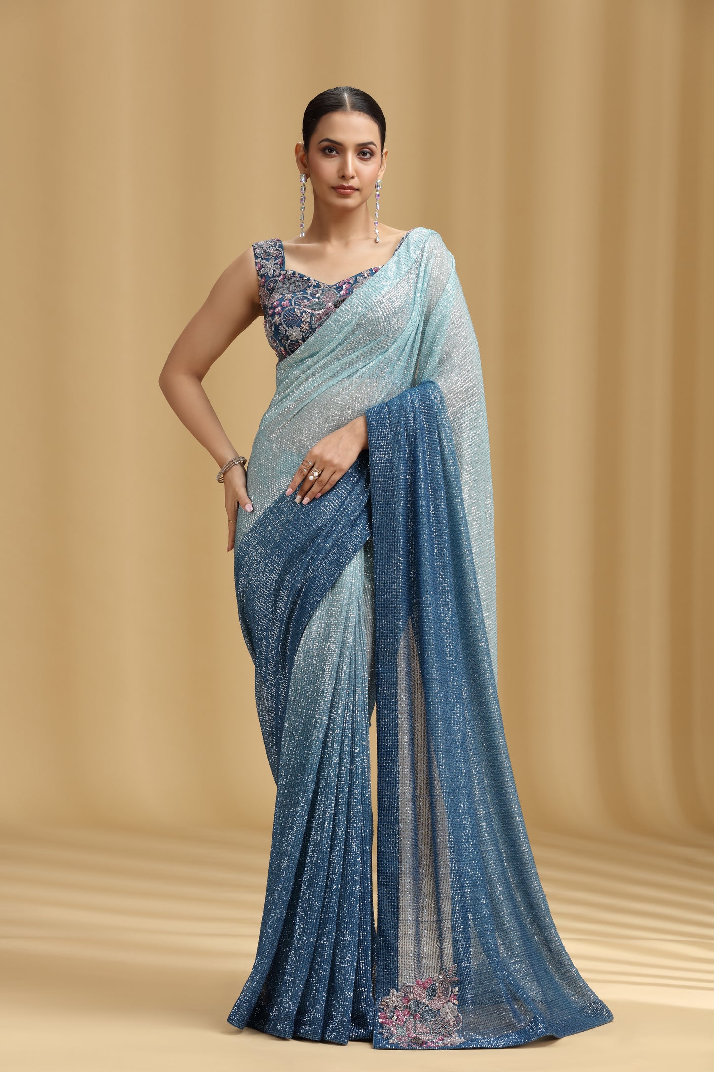 Sea Green & Royal Blue Net Saree with Sequins, Beads, Cutdana & Pearl Work (Unstitched)