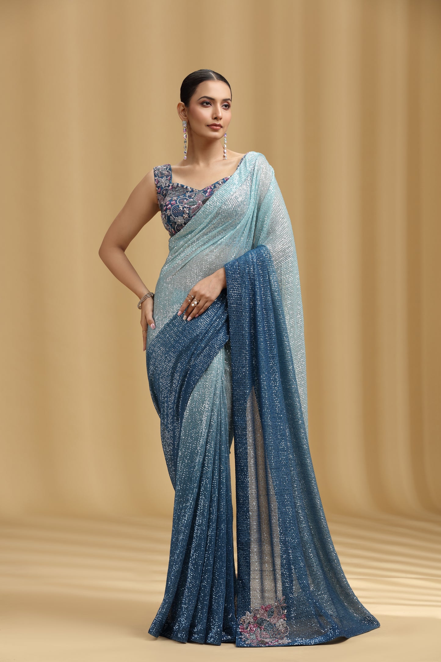 Sea Green & Royal Blue Net Saree with Sequins, Beads, Cutdana & Pearl Work (Unstitched)