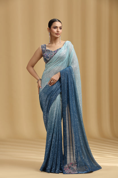 Sea Green & Royal Blue Net Saree with Sequins, Beads, Cutdana & Pearl Work (Unstitched)