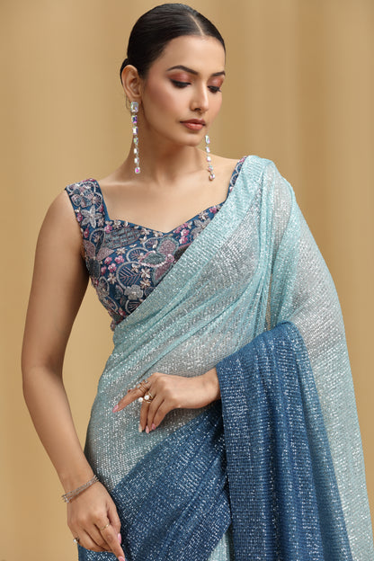 Sea Green & Royal Blue Net Saree with Sequins, Beads, Cutdana & Pearl Work (Unstitched)