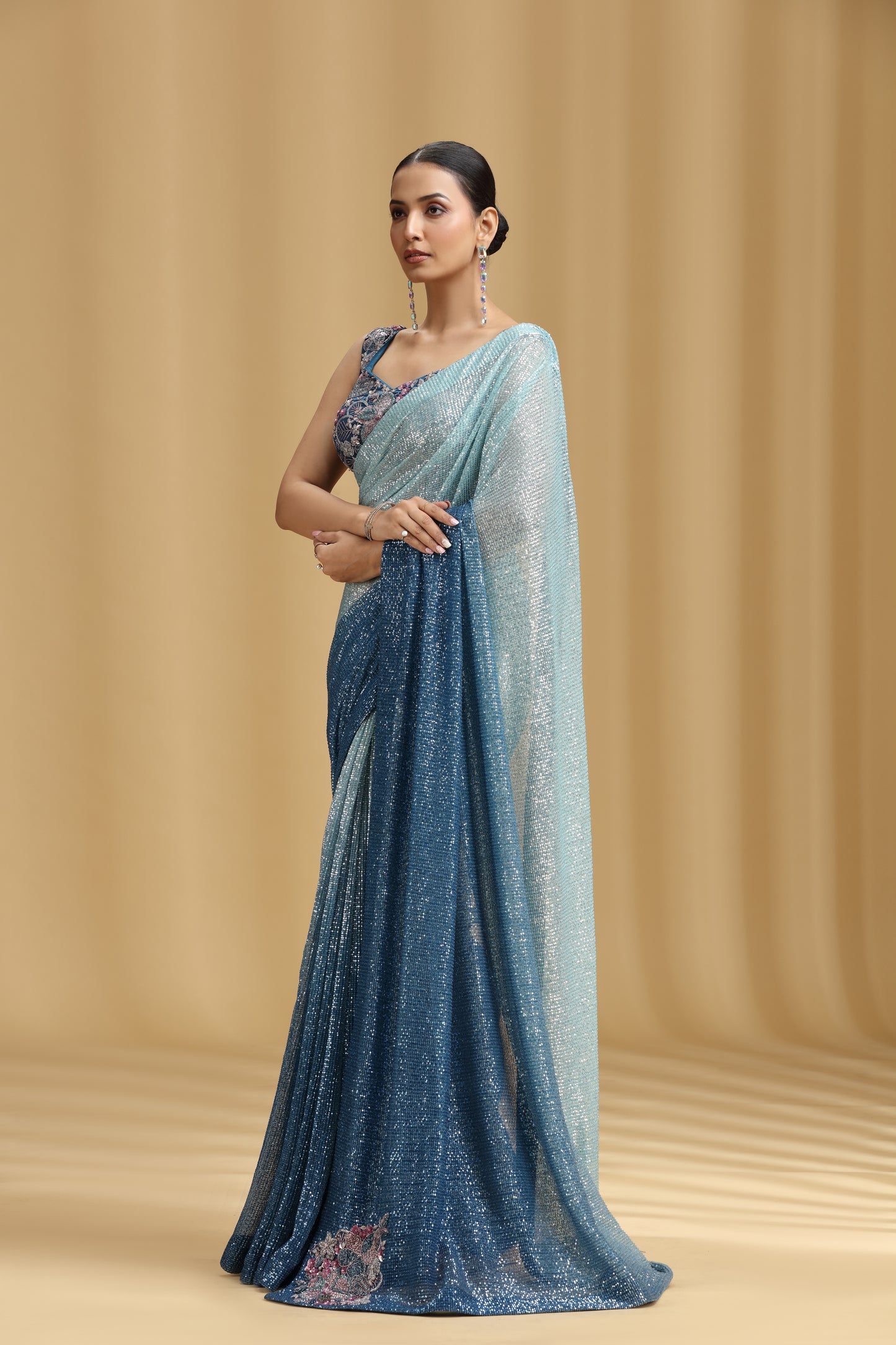 Sea Green & Royal Blue Net Saree with Sequins, Beads, Cutdana & Pearl Work (Unstitched)