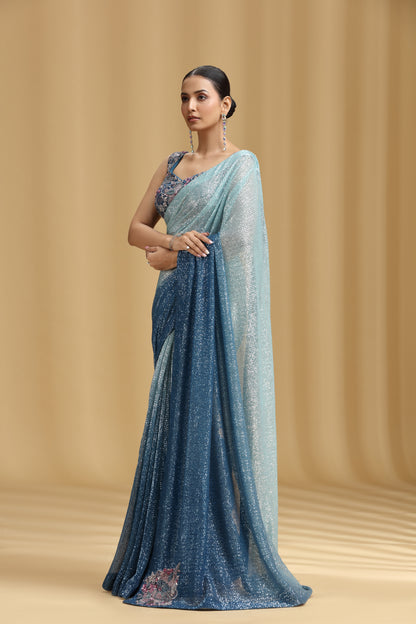 Sea Green & Royal Blue Net Saree with Sequins, Beads, Cutdana & Pearl Work (Unstitched)