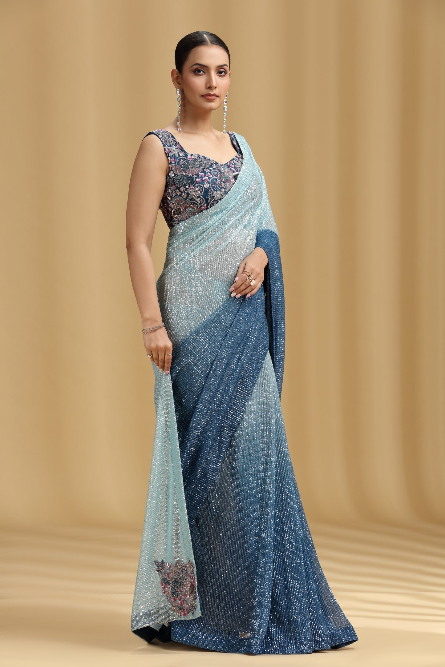 Sea Green & Royal Blue Net Saree with Sequins, Beads, Cutdana & Pearl Work (Unstitched)