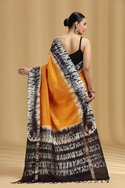 Mustard Yellow Dola Silk Shibori Print Saree with Black Blouse (Unstitched)