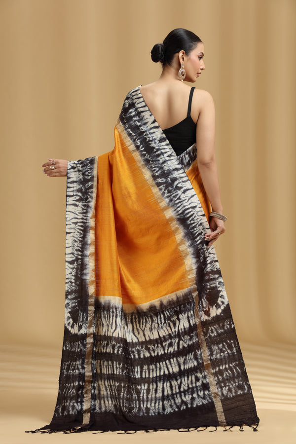 Mustard Yellow Dola Silk Shibori Print Saree with Black Blouse (Unstitched)