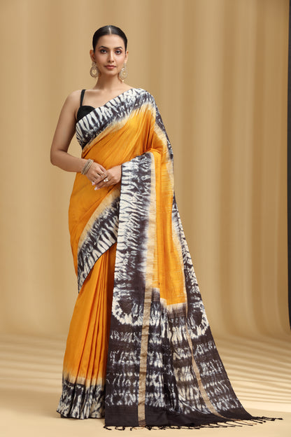 Mustard Yellow Dola Silk Shibori Print Saree with Black Blouse (Unstitched)