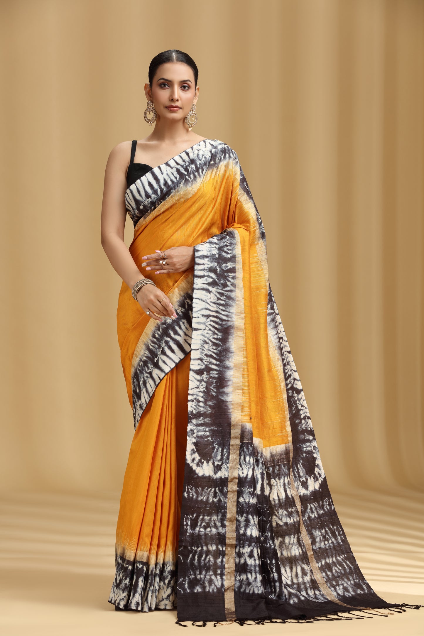 Mustard Yellow Dola Silk Shibori Print Saree with Black Blouse (Unstitched)