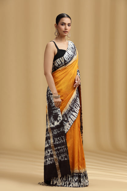Mustard Yellow Dola Silk Shibori Print Saree with Black Blouse (Unstitched)