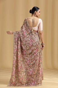 Mouse Grey Tissue Saree with Aari, Mirror, Moti & Cutdana Work (Unstitched)