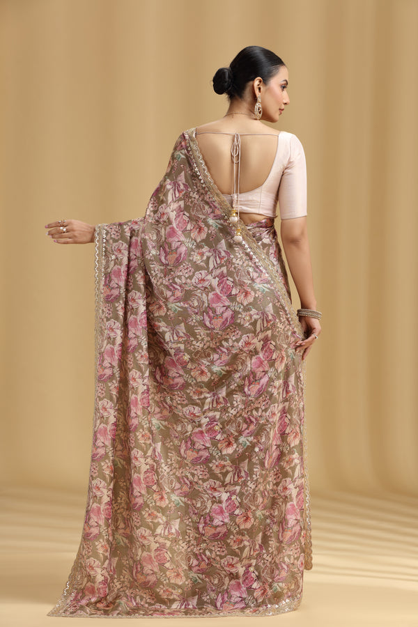Mouse Grey Tissue Saree with Aari, Mirror, Moti & Cutdana Work (Unstitched)