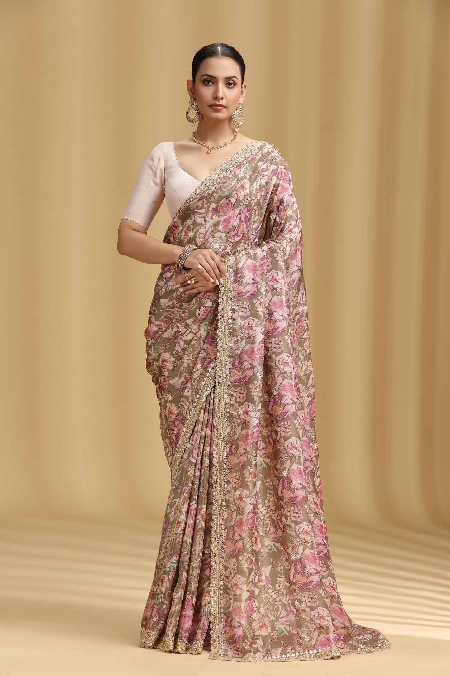 Mouse Grey Tissue Saree with Aari, Mirror, Moti & Cutdana Work (Unstitched)