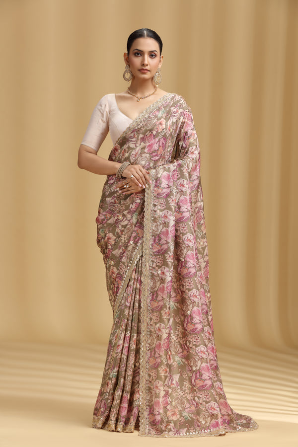 Mouse Grey Tissue Saree with Aari, Mirror, Moti & Cutdana Work (Unstitched)