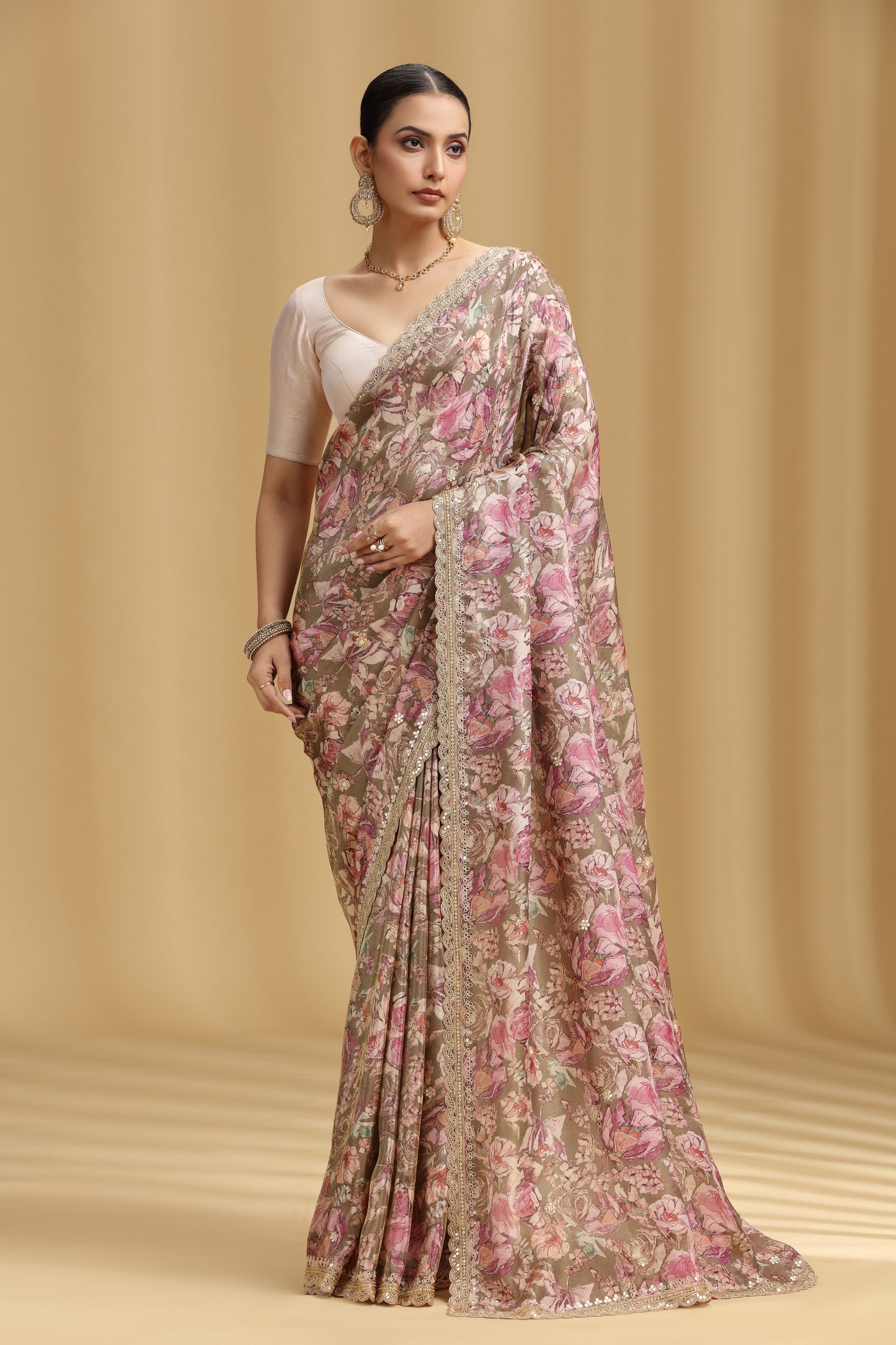Mouse Grey Tissue Saree with Aari, Mirror, Moti & Cutdana Work (Unstitched)