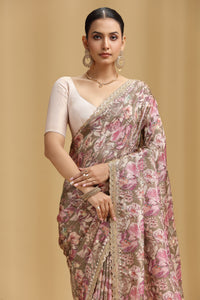 Mouse Grey Tissue Saree with Aari, Mirror, Moti & Cutdana Work (Unstitched)