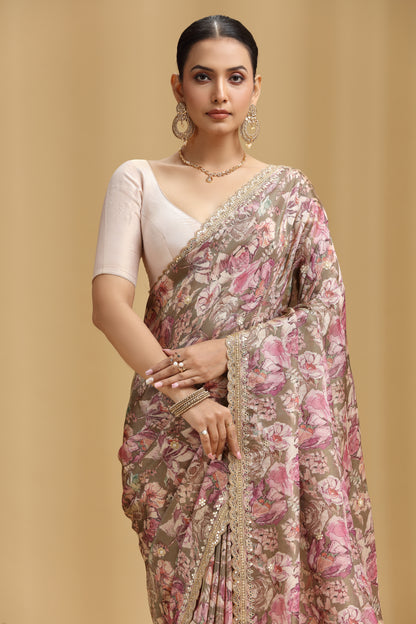 Mouse Grey Tissue Saree with Aari, Mirror, Moti & Cutdana Work (Unstitched)