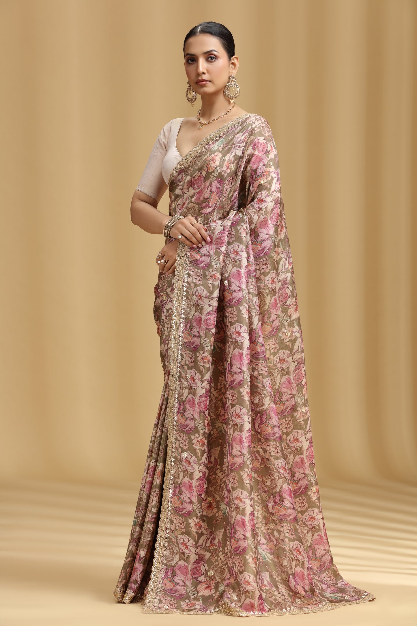 Mouse Grey Tissue Saree with Aari, Mirror, Moti & Cutdana Work (Unstitched)