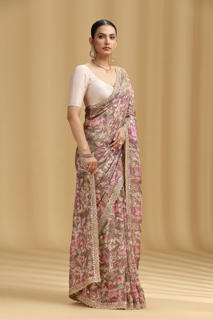 Mouse Grey Tissue Saree with Aari, Mirror, Moti & Cutdana Work (Unstitched)