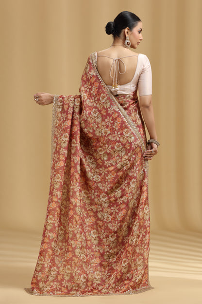 Carrot Pink Georgette Saree with Aari, Mirror, Moti & Cutdana Work (Unstitched)