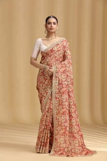 Carrot Pink Georgette Saree with Aari, Mirror, Moti & Cutdana Work (Unstitched)