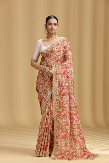 Carrot Pink Georgette Saree with Aari, Mirror, Moti & Cutdana Work (Unstitched)